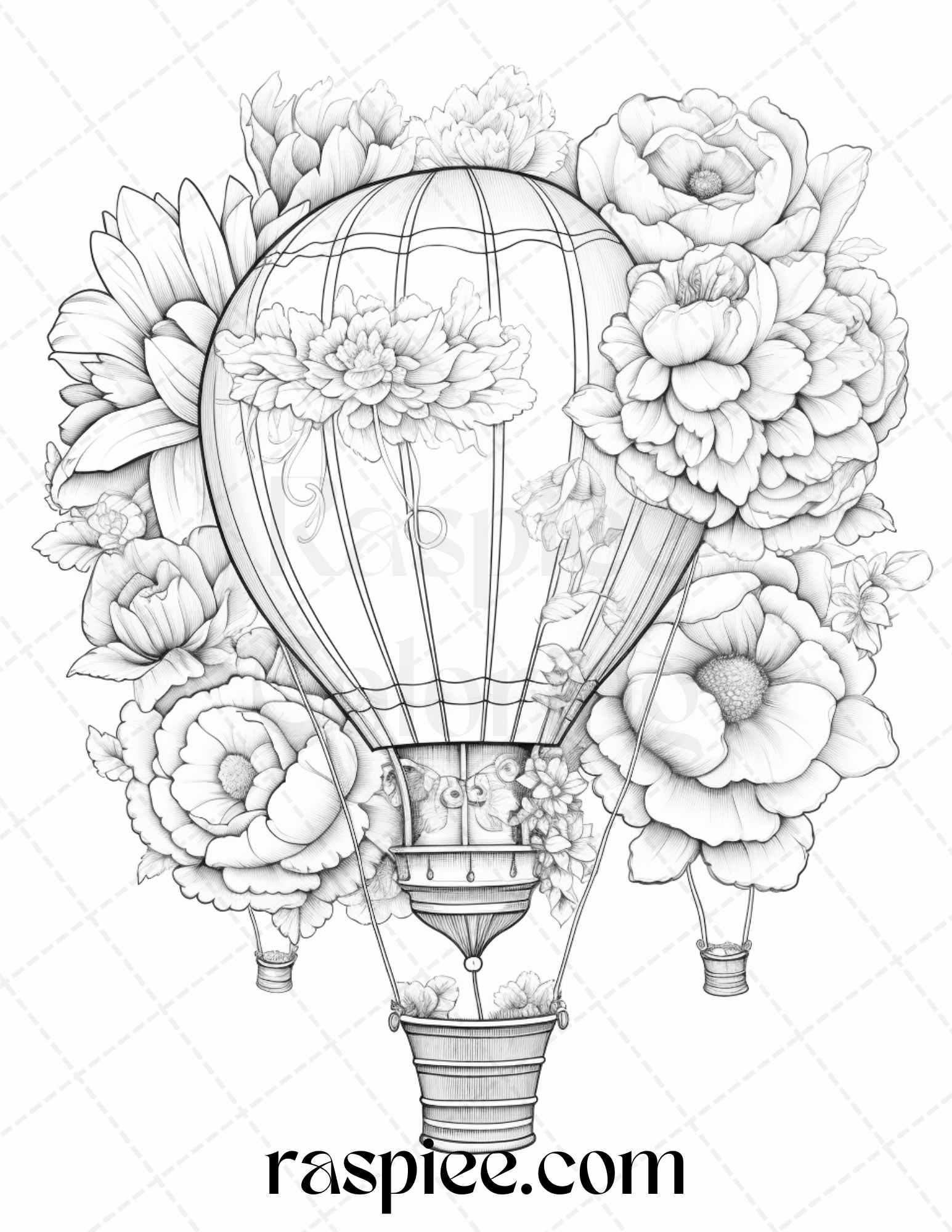 42 Flower Hot Air Balloons Grayscale Coloring Pages Printable for Adults, PDF File Instant Download