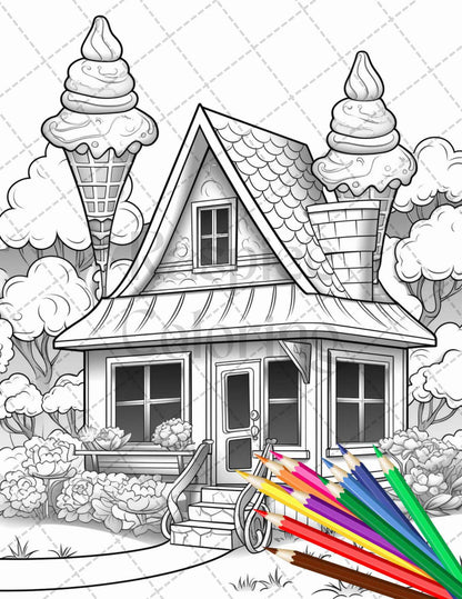 33 Ice Cream Houses Grayscale Coloring Pages Printable for Adults and Kids, PDF File Instant Download