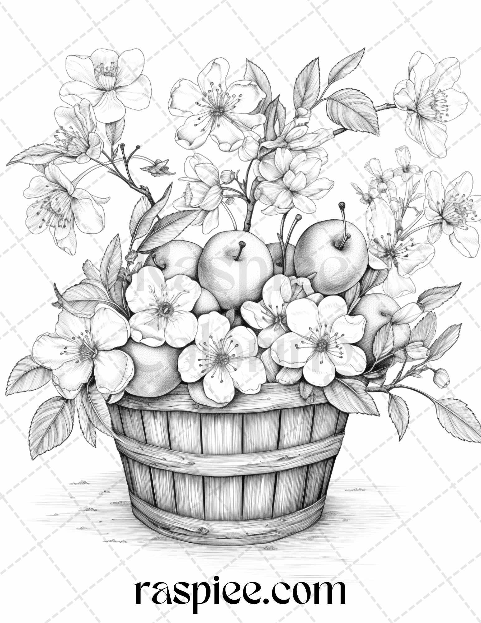 40 Fruit Basket Grayscale Coloring Pages Printable for Adults, PDF File Instant Download