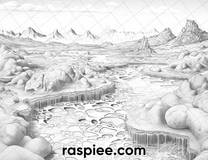 44 Volcanic Landscapes Grayscale Adult Coloring Pages, Printable PDF Instant Download