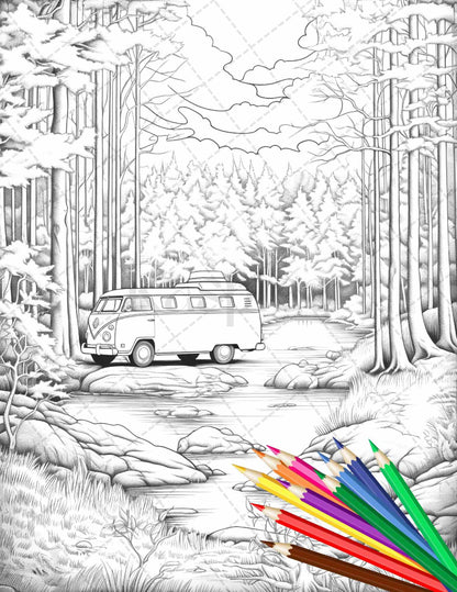 30 Campervan Adventure Grayscale Coloring Pages Printable for Adults, PDF File Instant Download