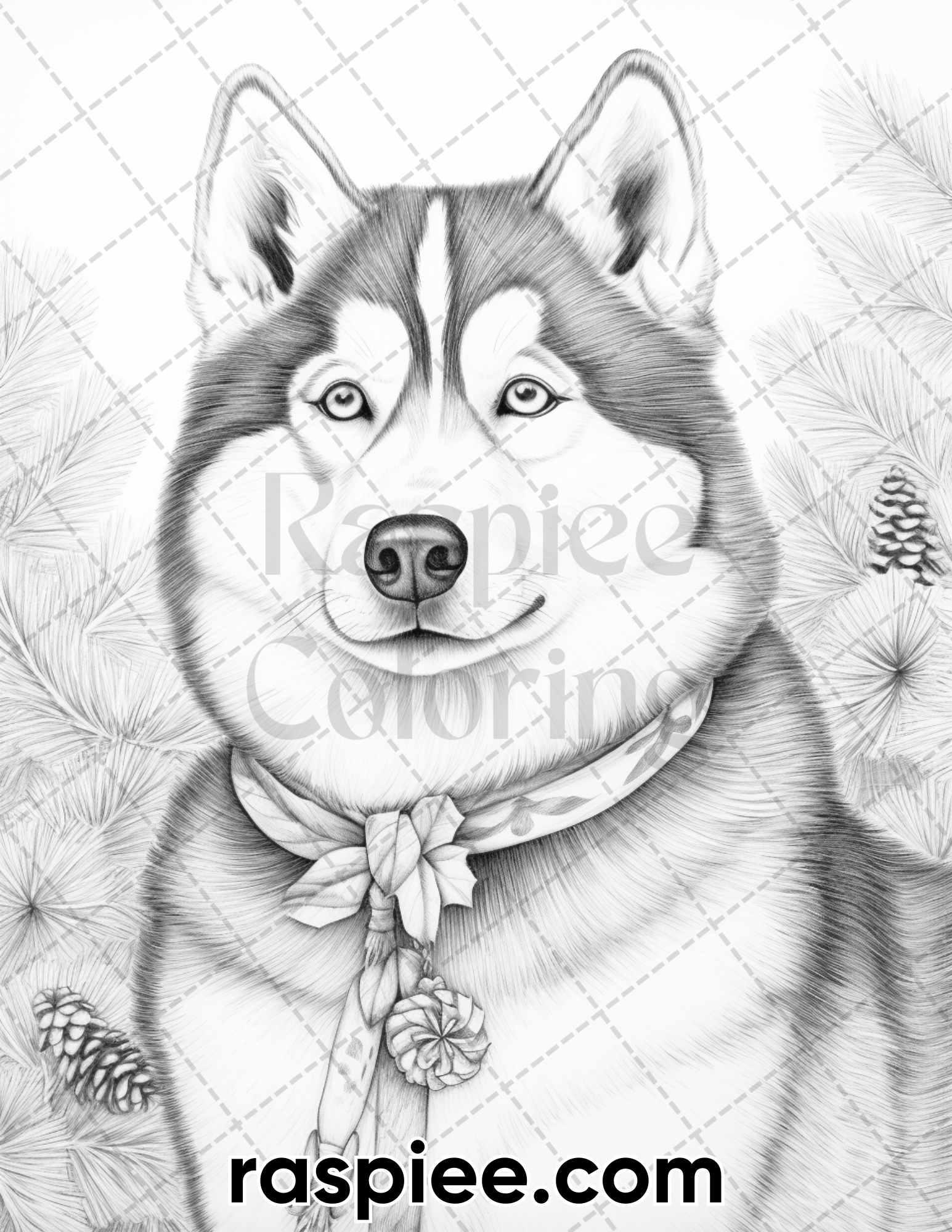 45 Christmas Dogs Grayscale Coloring Pages for Adults, Printable PDF Instant Download