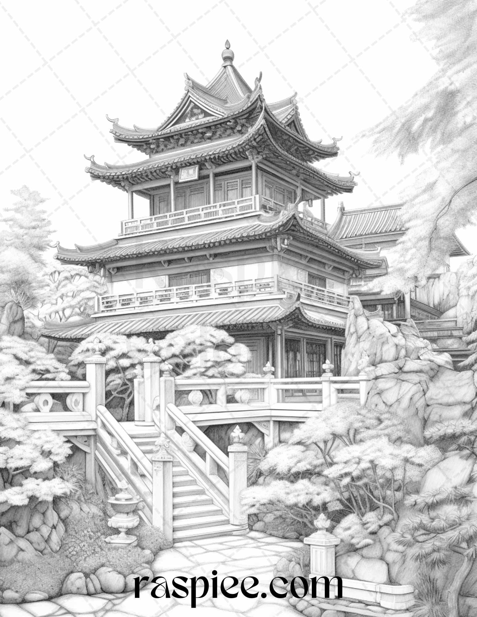 40 Traditional Chinese Houses Grayscale Coloring Pages Printable for Adults, PDF File Instant Download