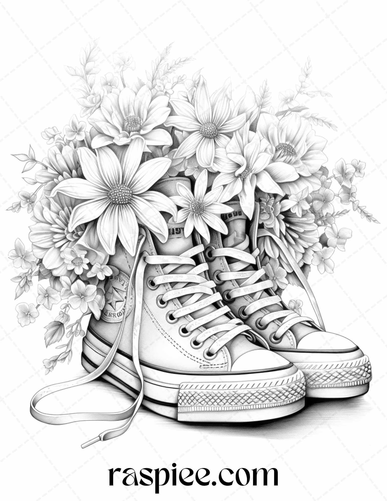 40 Flower Sneakers Grayscale Coloring Pages Printable for Adults, PDF File Instant Download