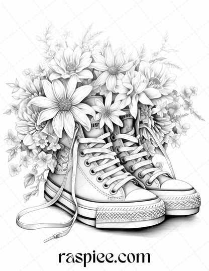 40 Flower Sneakers Grayscale Coloring Pages Printable for Adults, PDF File Instant Download