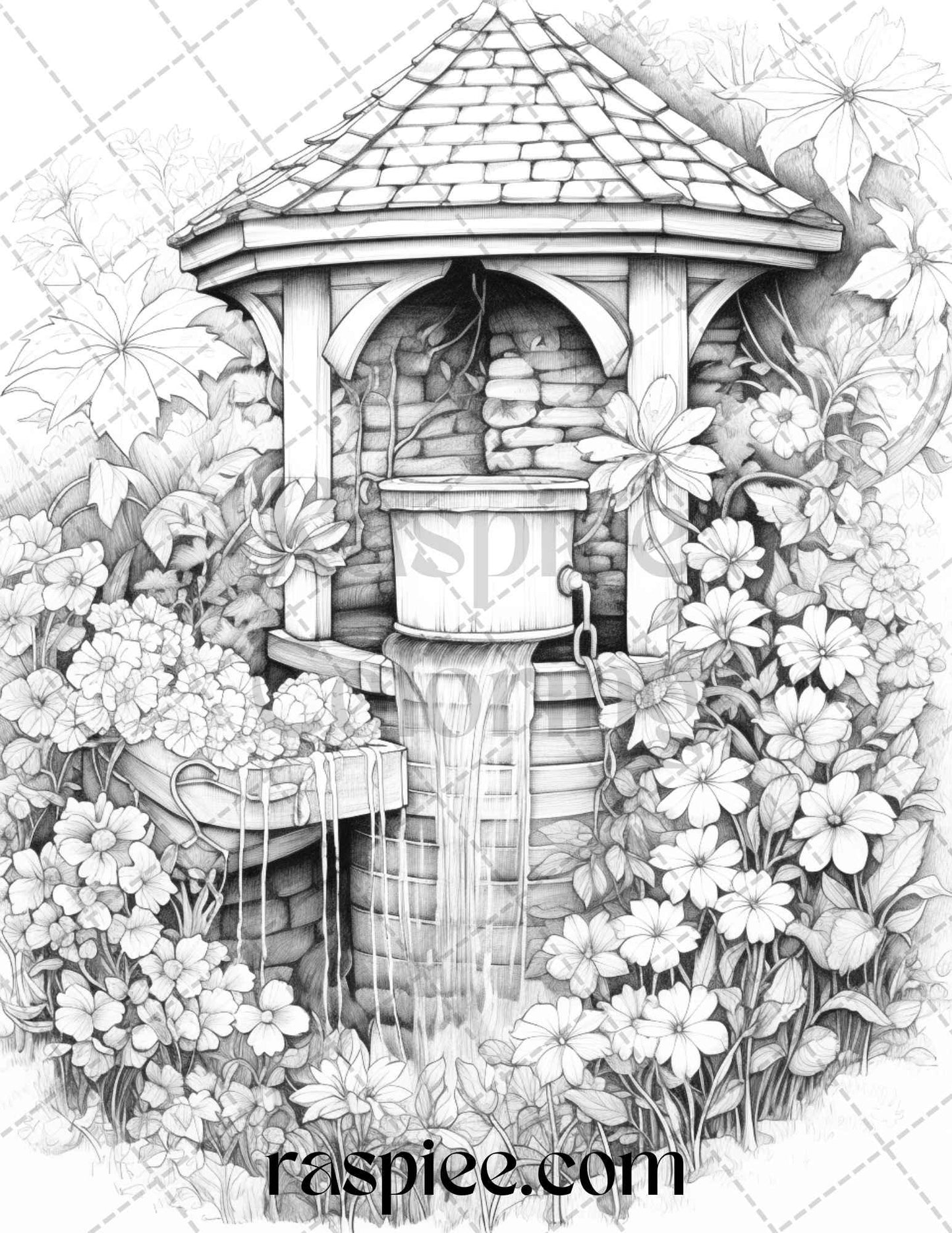 40 Whimsical Wishing Wells Grayscale Coloring Pages Printable for Adults, PDF File Instant Download