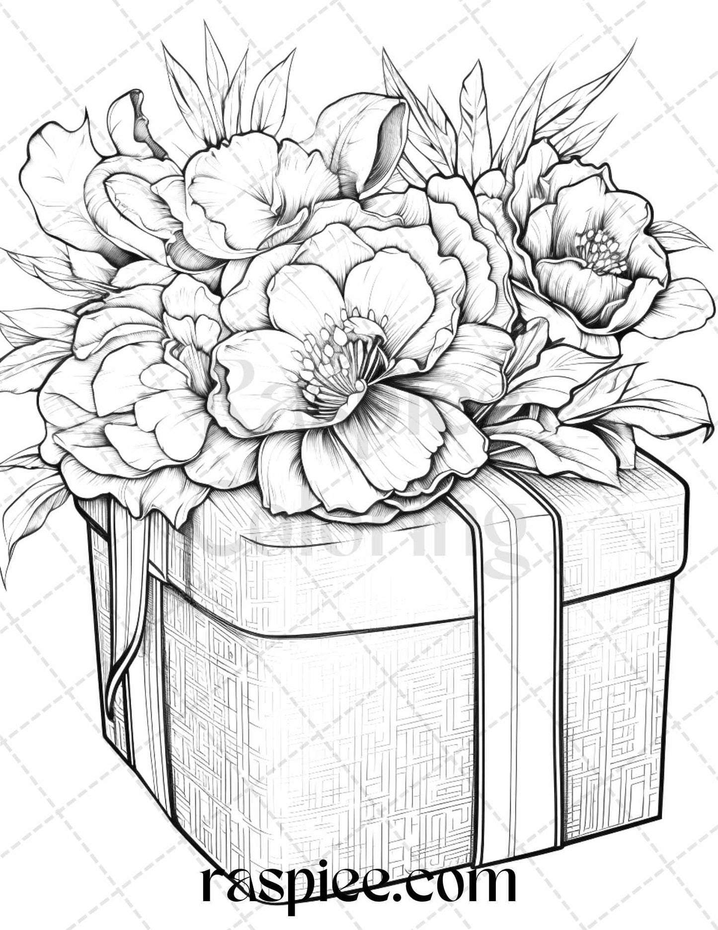 40 Flower Gift Box Grayscale Coloring Pages Printable for Adults Kids, PDF File Instant Download