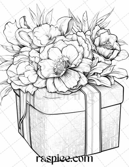 40 Flower Gift Box Grayscale Coloring Pages Printable for Adults Kids, PDF File Instant Download