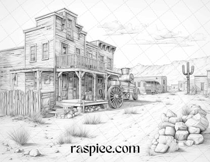 40 Wild West Towns Grayscale Coloring Pages Printable for Adults, PDF File Instant Download