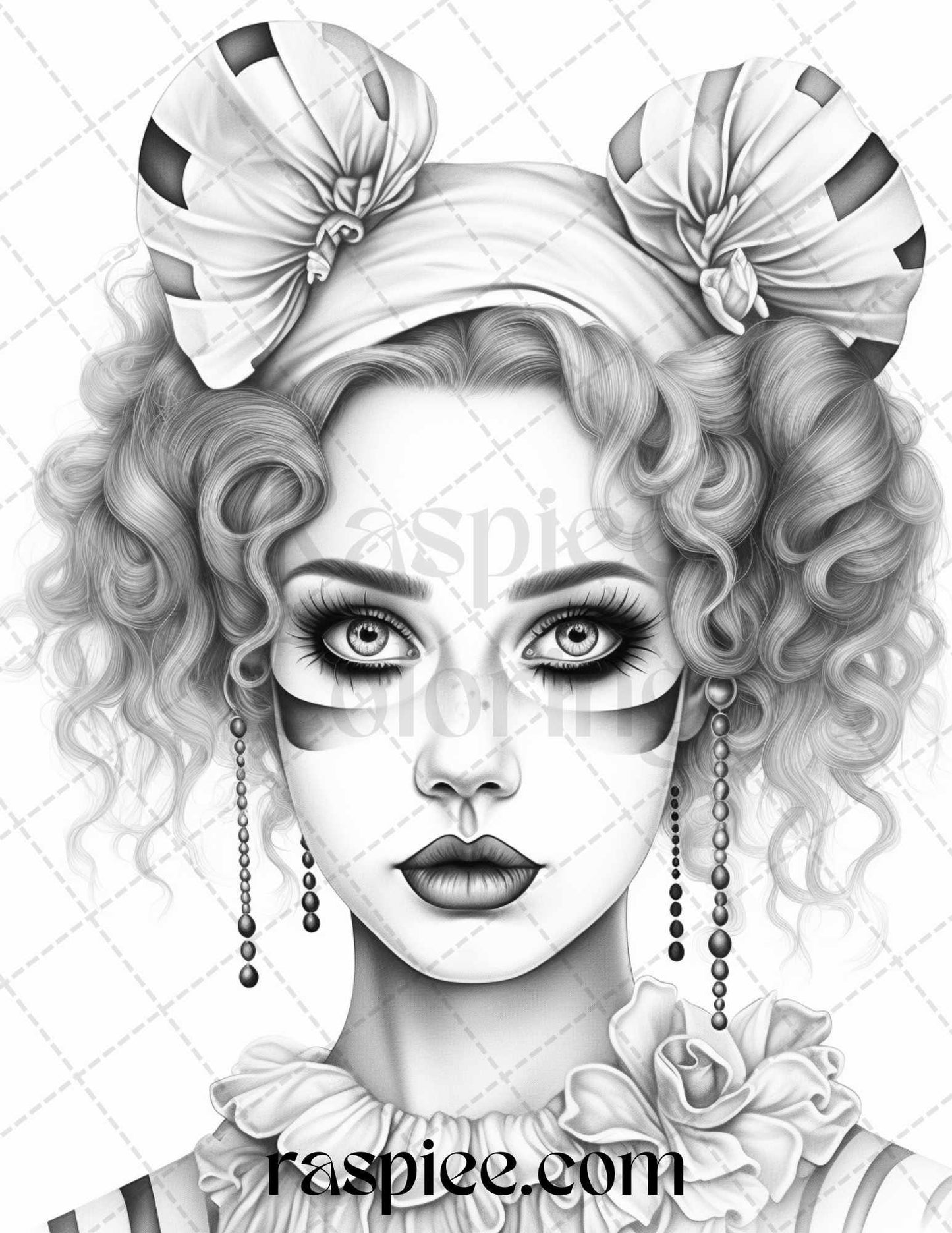 42 Beautiful Clown Girls Grayscale Coloring Pages Printable for Adults, PDF File Instant Download