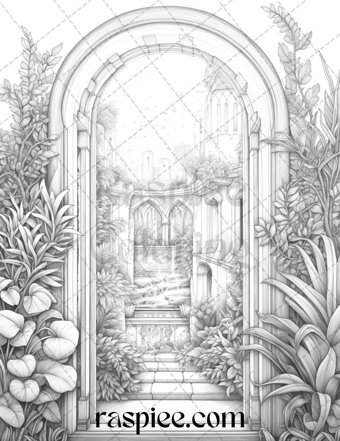 40 Window to Fantasy Worlds Grayscale Coloring Pages Printable for Adults, PDF File Instant Download