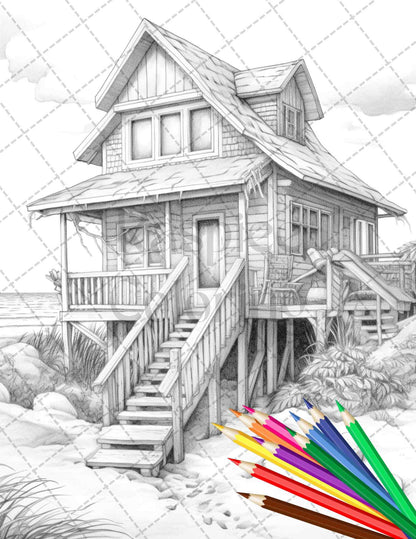 42 Wooden Beach Houses Grayscale Coloring Pages Printable for Adults, PDF File Instant Download