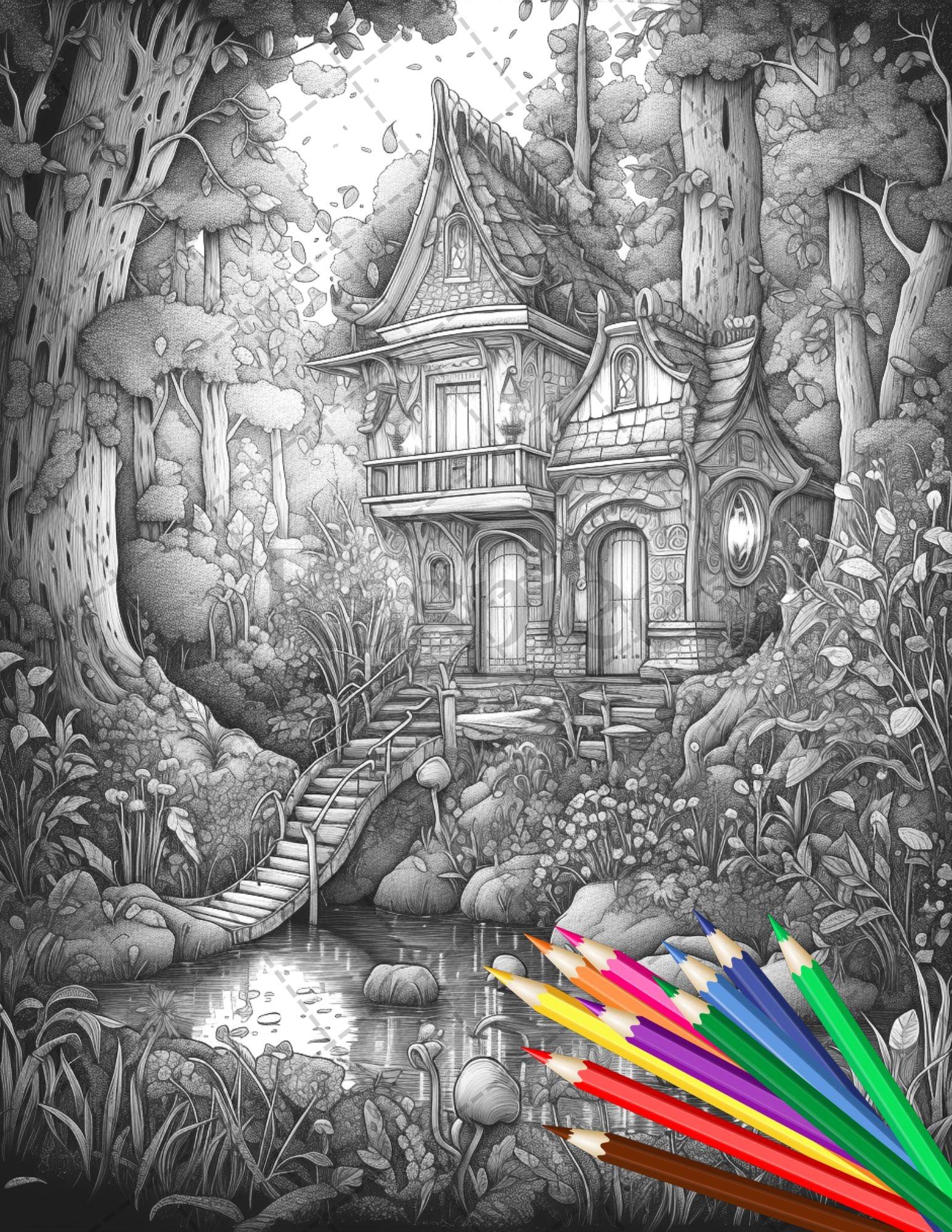 30 Fantasy Fairy Houses Coloring Page Book, Printable Adult Coloring Pages, Enchanted Fairy Home Grayscale Coloring Book, Printable PDF File