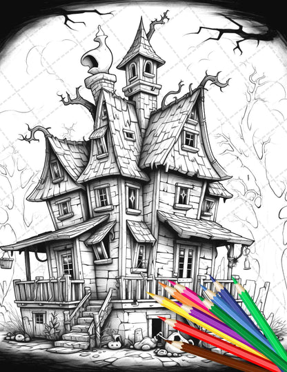 32 Spooky Houses Coloring Pages Printable for Adults, Grayscale Coloring Page, PDF File Instant Download