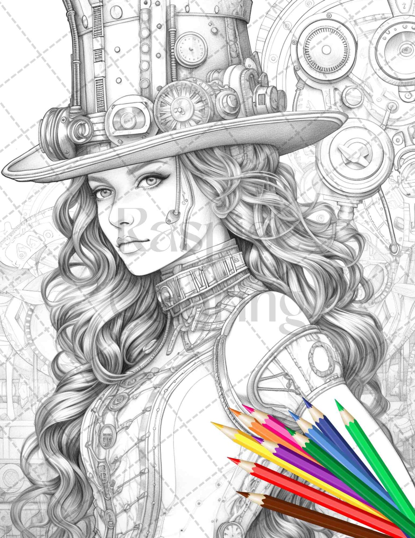 40 Steampunk Ladies Grayscale Coloring Pages Printable for Adults, PDF File Instant Download