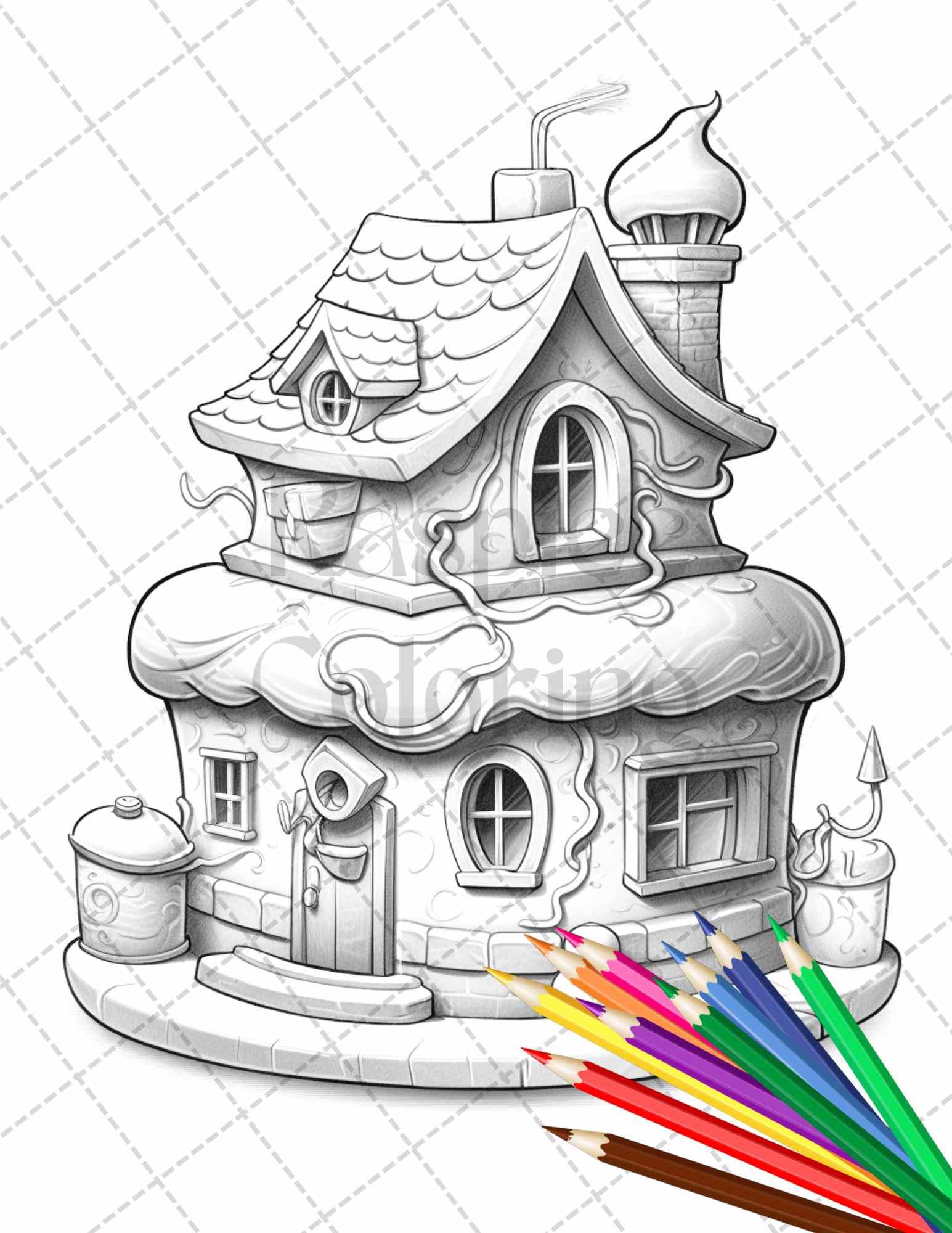 50 Adorable Cake Houses Grayscale Coloring Pages Printable for Adults and Kids, PDF File Instant Download