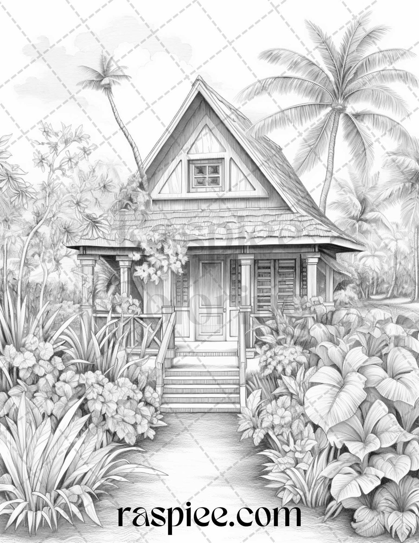 40 Hawaii Tiki Houses Grayscale Coloring Pages Printable for Adults, PDF File Instant Download