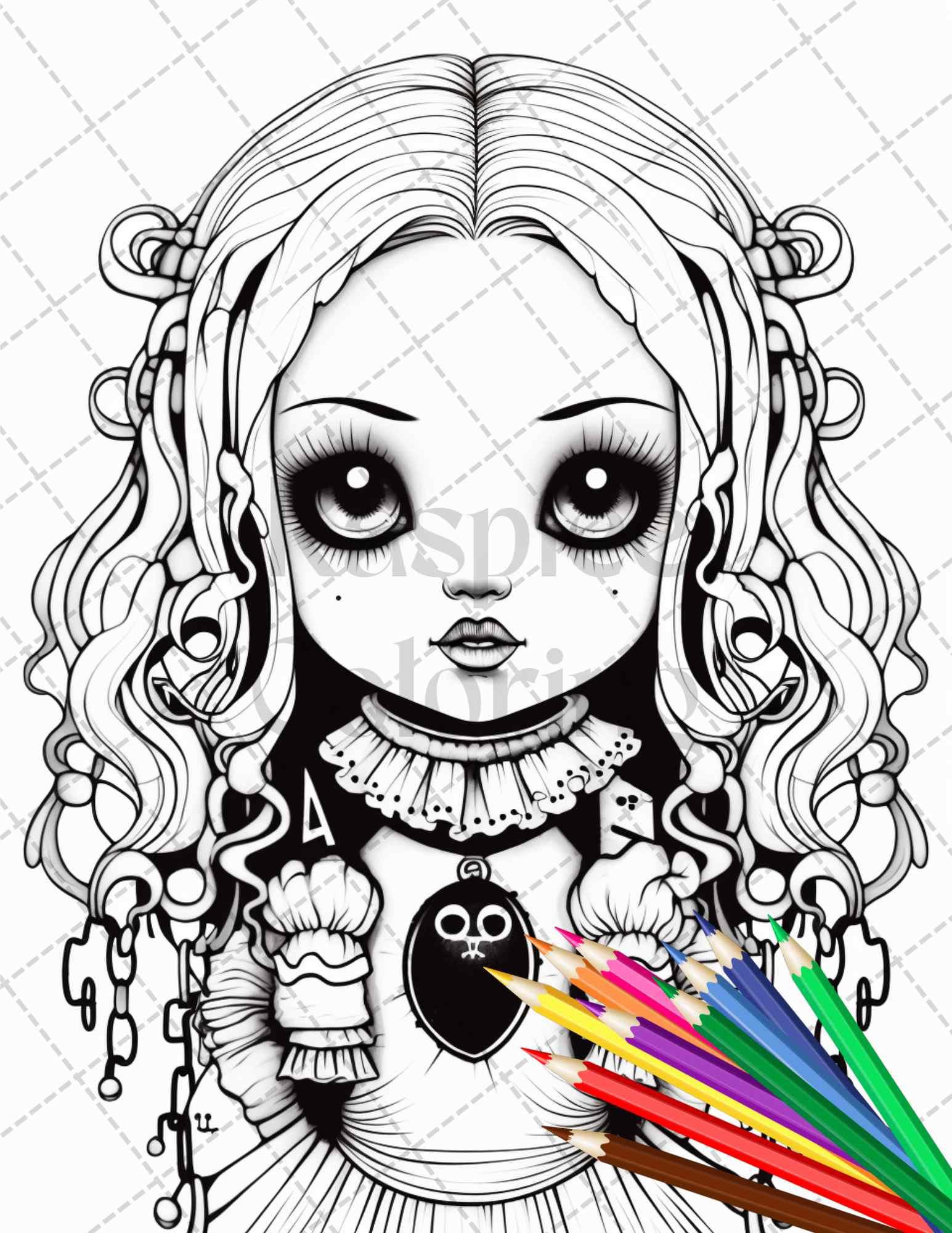 40 Creepy Porcelain Dolls Grayscale Coloring Pages for Adults, PDF File Instant Download