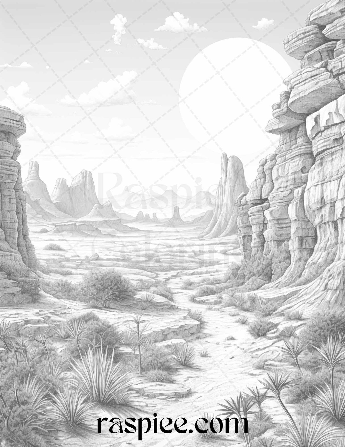 40 Desert Landscapes Grayscale Coloring Pages Printable for Adults, PDF File Instant Download