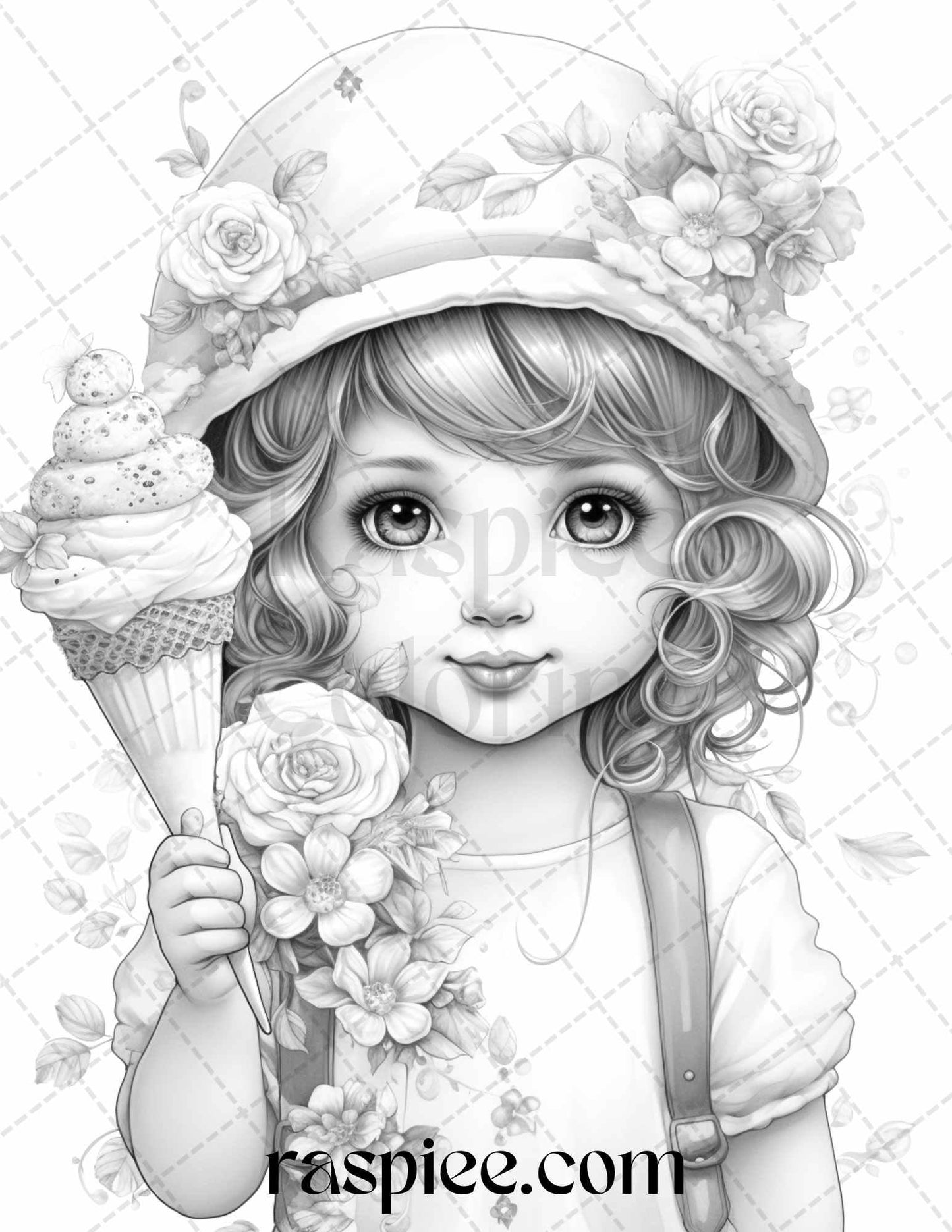 42 Adorable Girls with Ice Cream Grayscale Coloring Pages Printable for Adults Kids, PDF File Instant Download