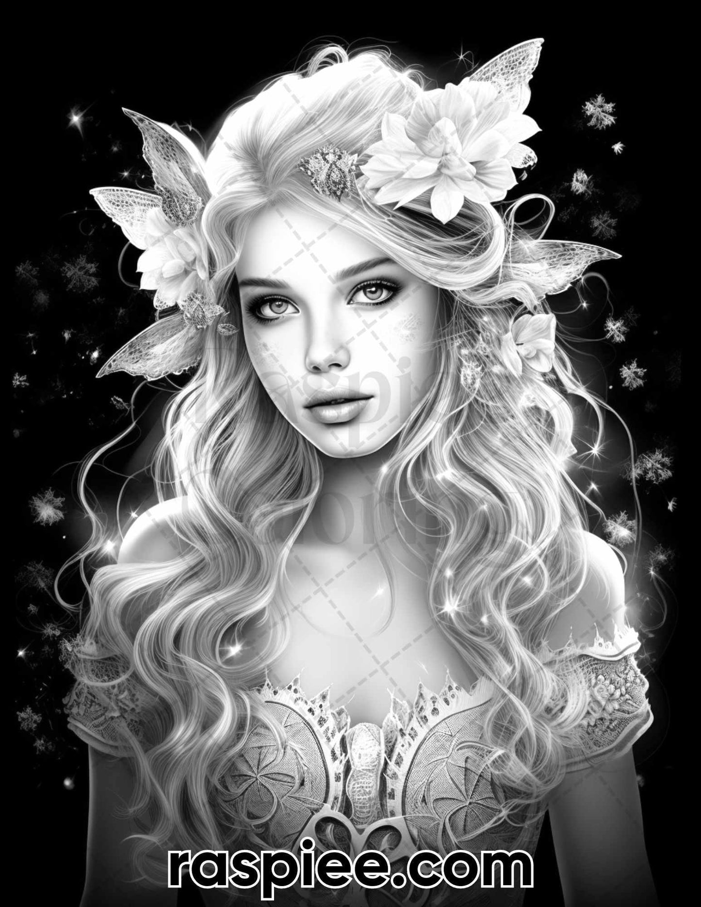 50 Starlight Fairy Grayscale Coloring Pages for Adults, Printable PDF File Instant Download