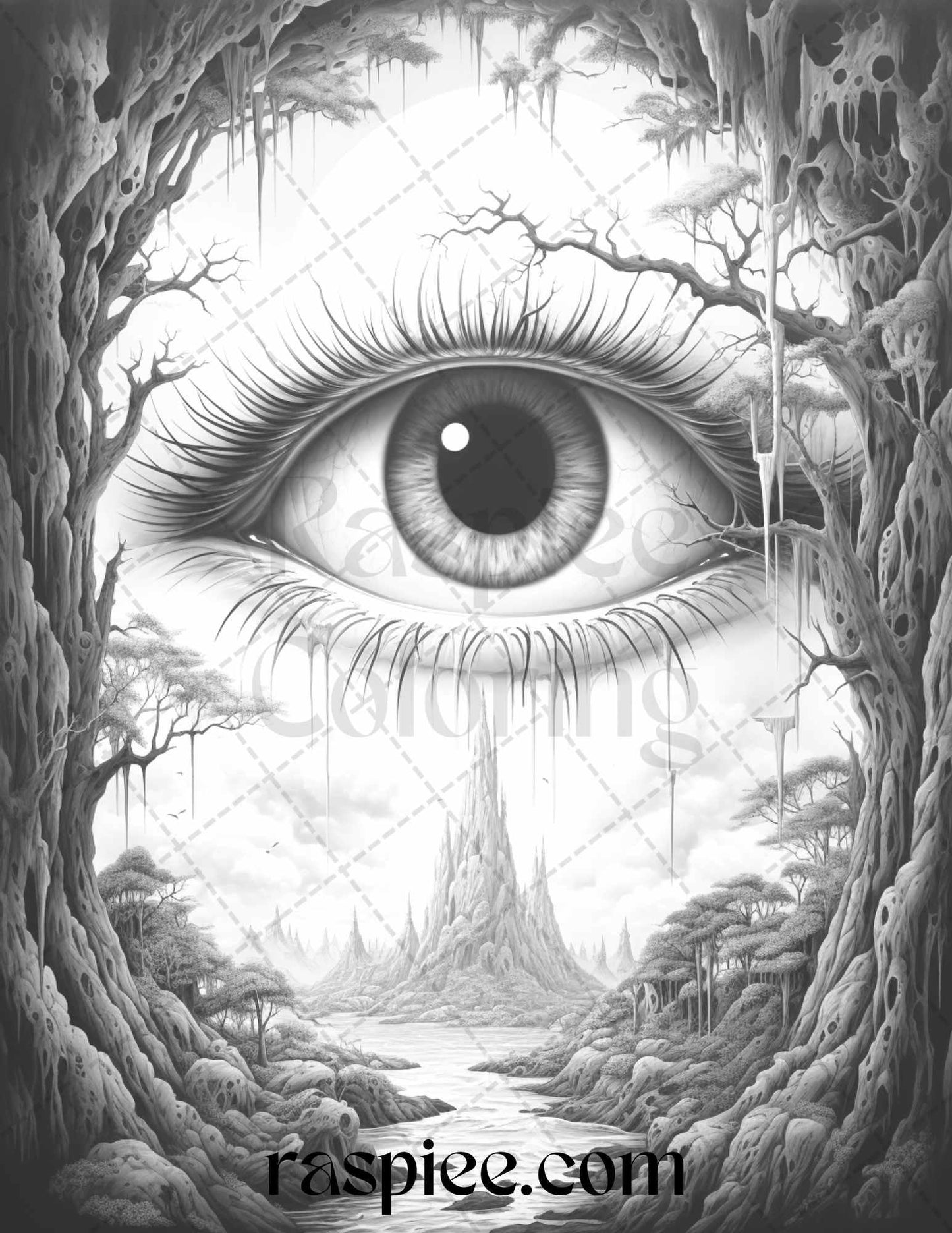 40 Surrealism Eyes Grayscale Coloring Pages Printable for Adults, PDF File Instant Download