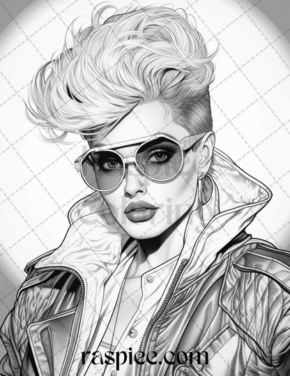 1980s New Wave Pop Star Grayscale Coloring Pages Printable for Adults, PDF File Instant Download