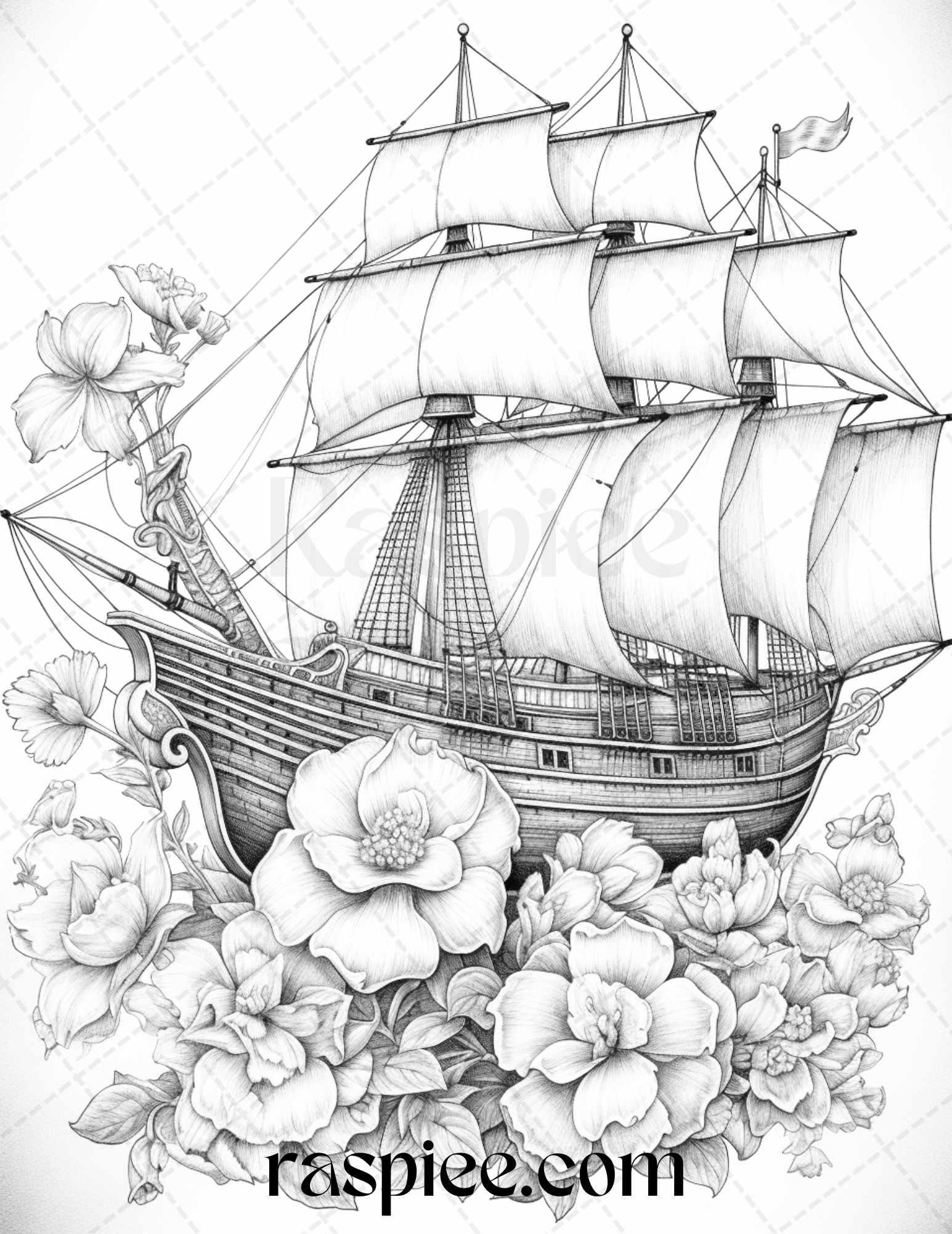 44 Flower Ships Graysale Coloring Pages Printable for Adults, PDF File Instant Download