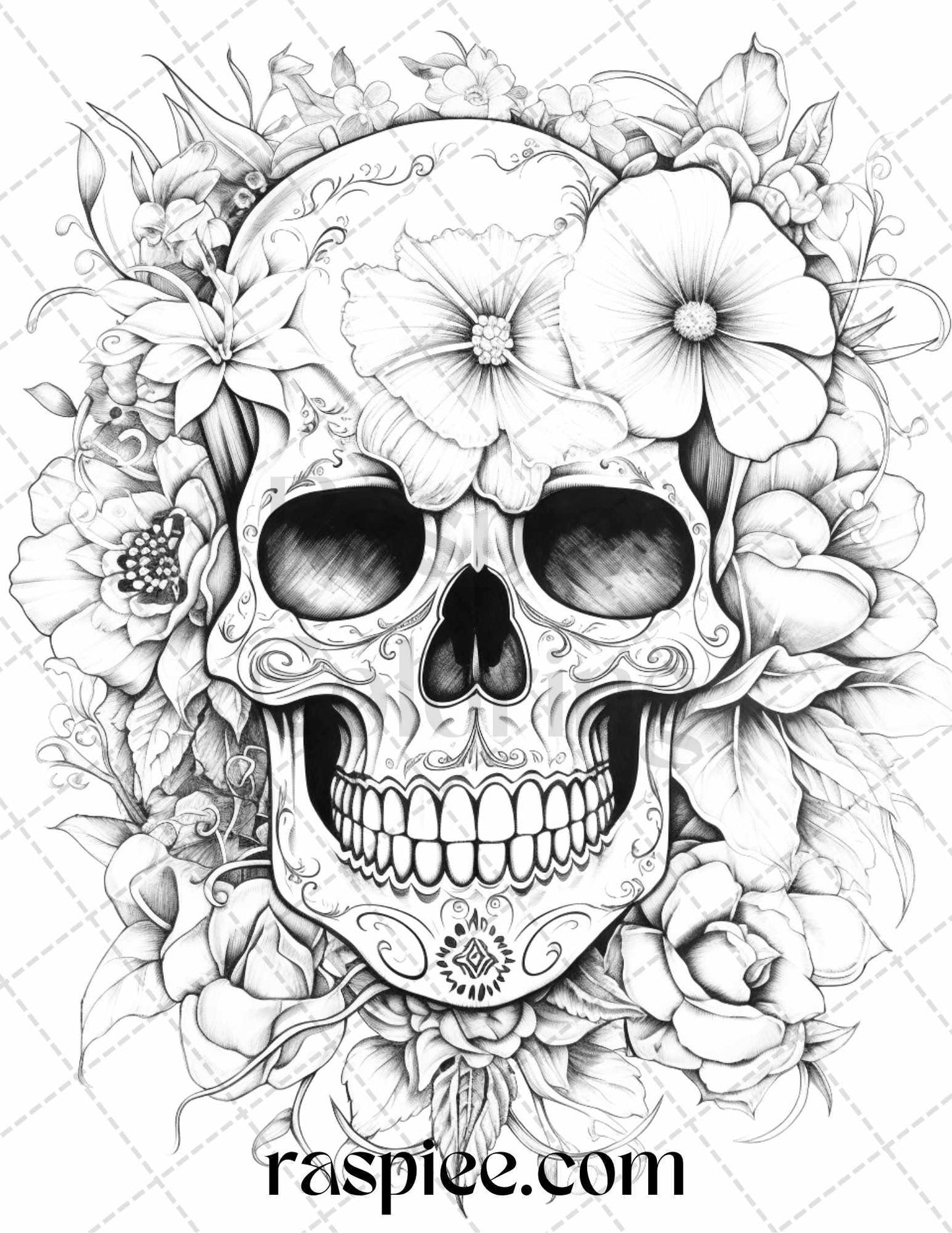 42 Floral Skull Grayscale Coloring Pages for Adults, Stress Relief Coloring Sheets, Printable PDF File Instant Download