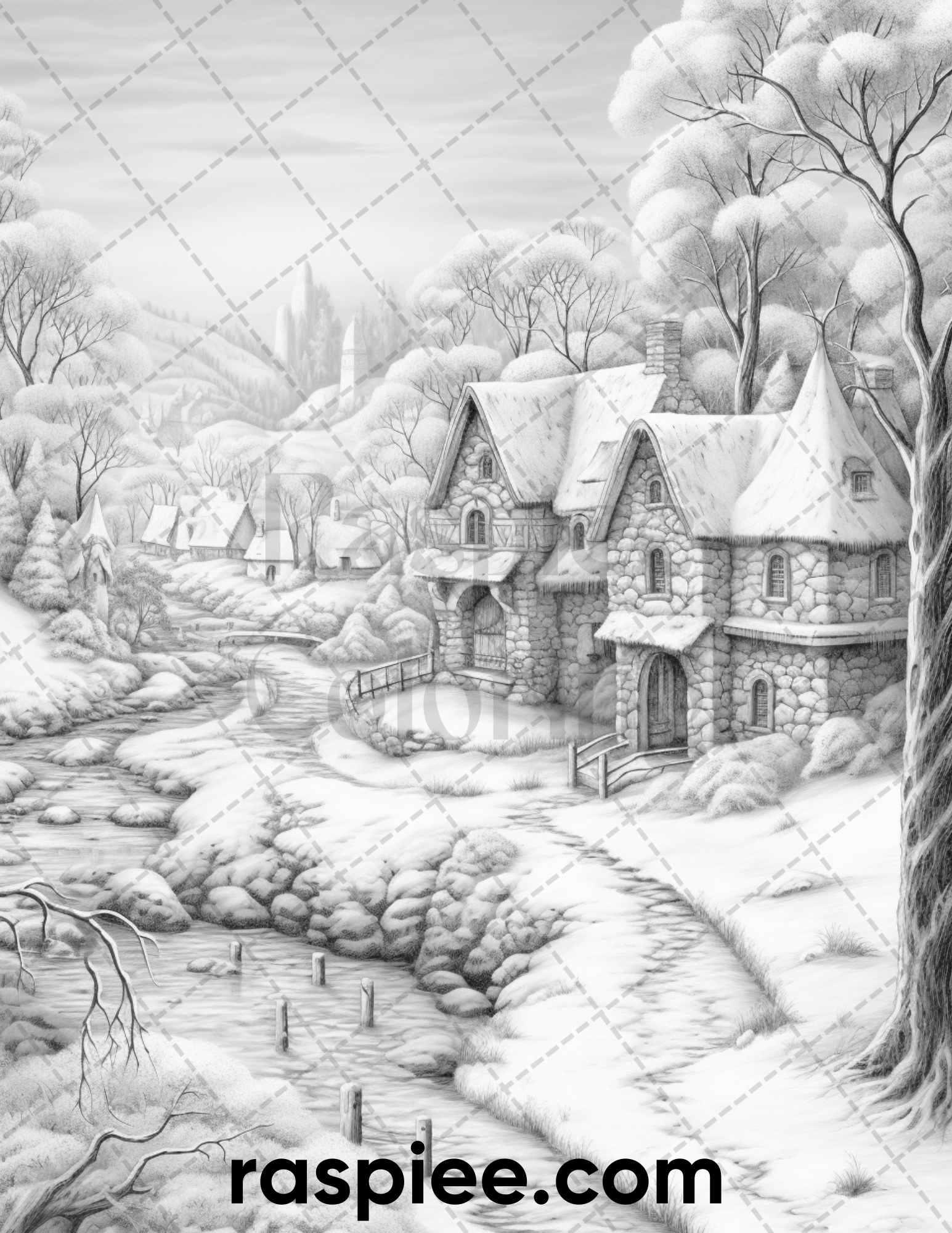 40 Fantasy Winter Village Grayscale Coloring Pages for Adults, PDF File Instant Download