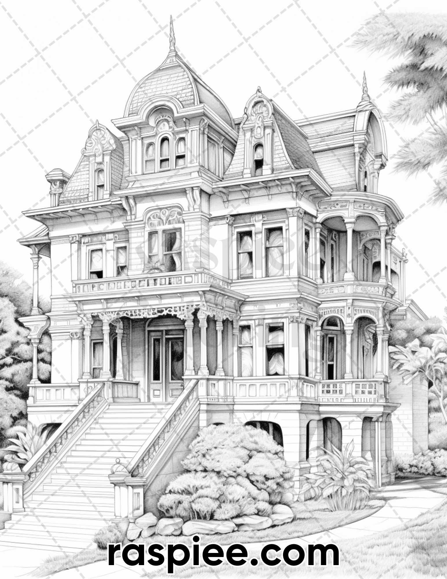 40 Victorian Mansions Grayscale Coloring Pages for Adults, Printable PDF Instant Download