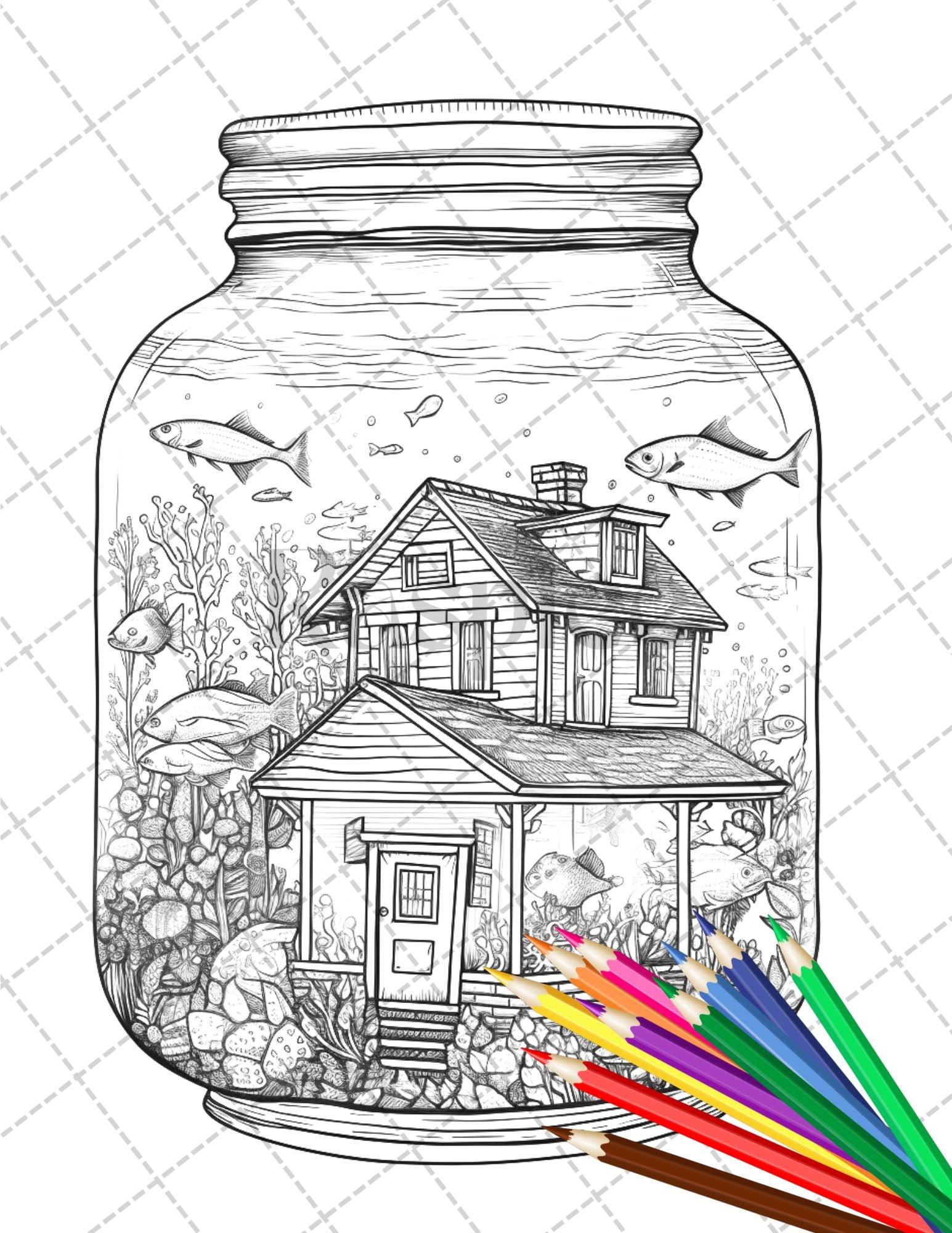 34 Fishtank Houses Coloring Book for Adults, Grayscale Coloring Page, Printable PDF Instant Download