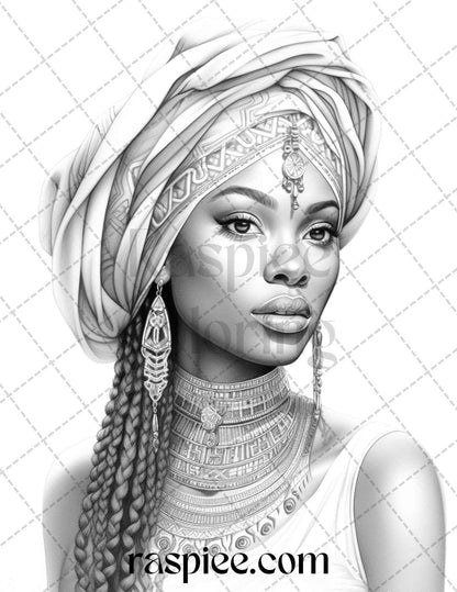 40 Beautiful African Women Grayscale Coloring Pages Printable for Adults, PDF File Instant Download