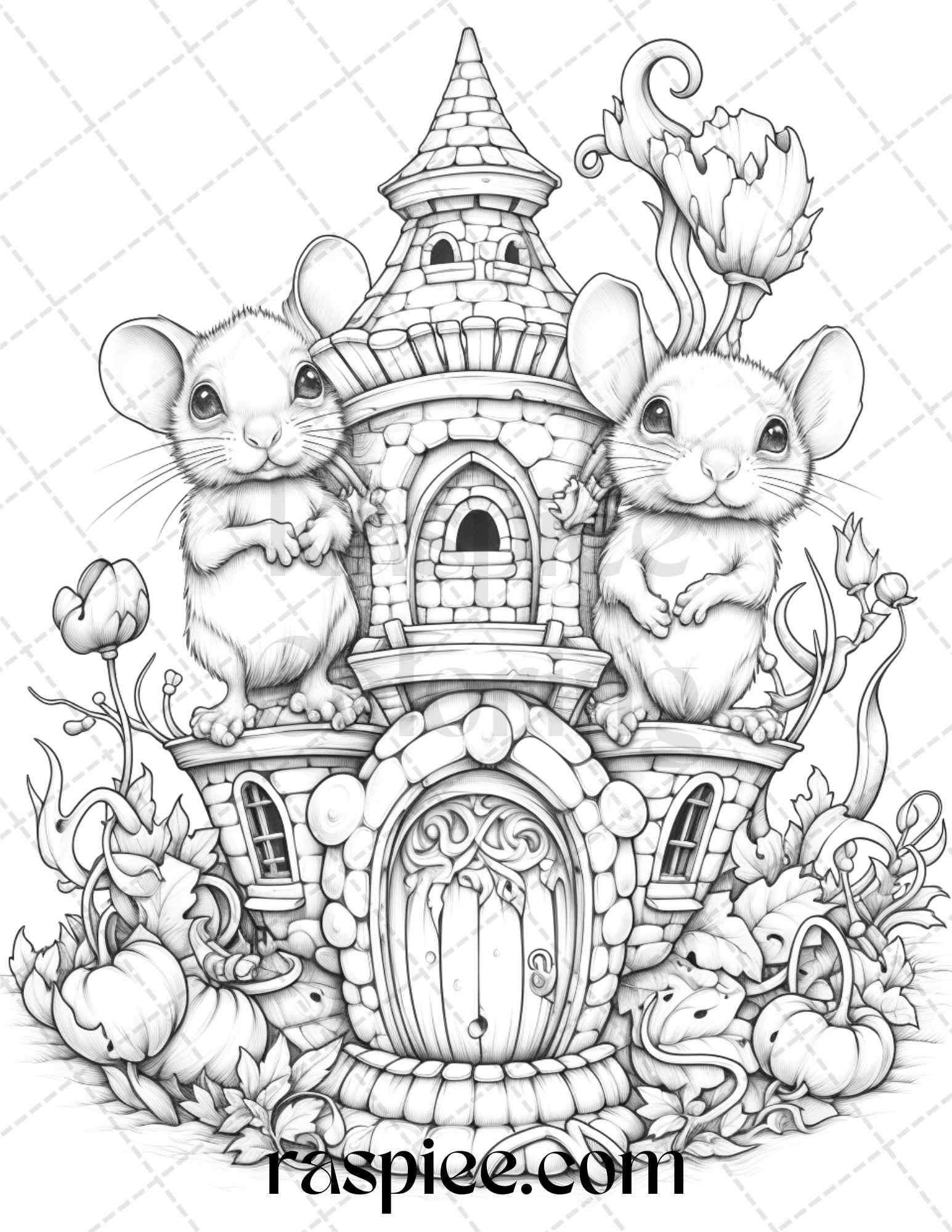 40 Magical Mouse Houses Grayscale Coloring Pages Printable for Adults, PDF File Instant Download