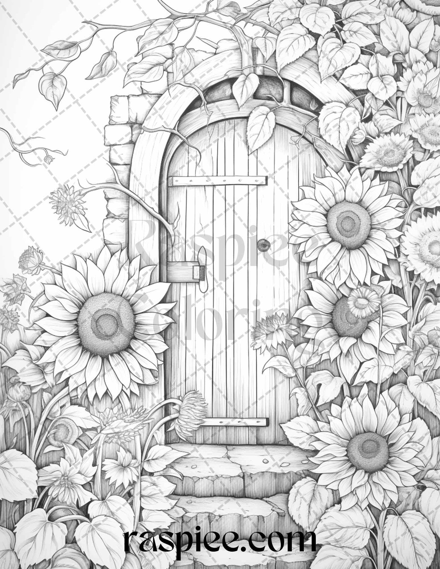 40 Flower Fairy Doors Grayscale Coloring Pages Printable for Adults, PDF File Instant Download