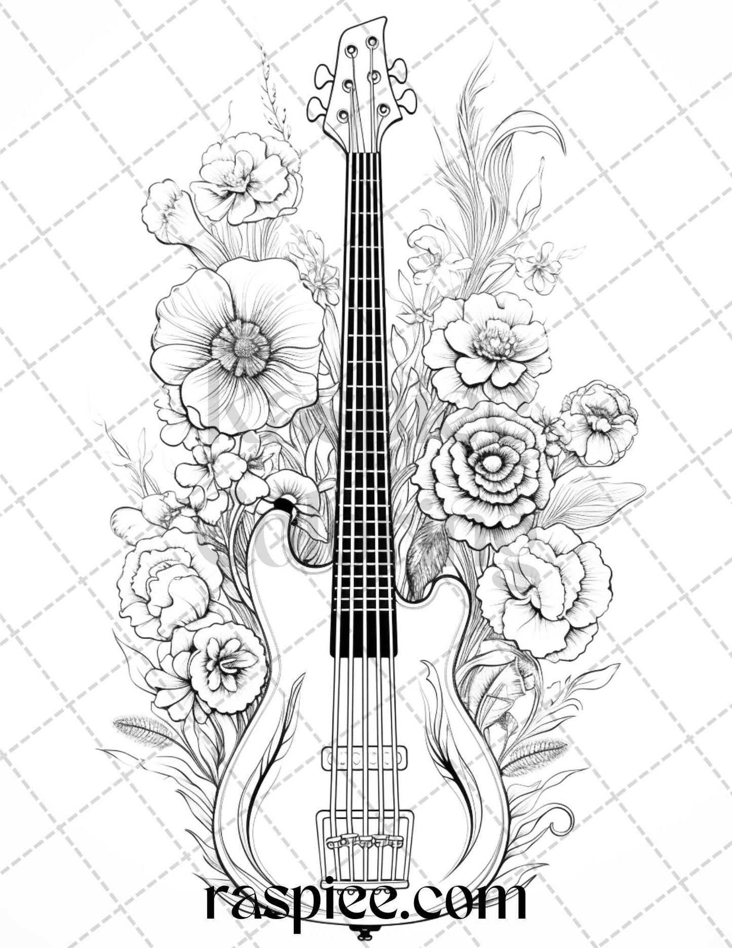 30 Musical Instrument Flower Grayscale Coloring Pages Printable for Adults, PDF File Instant Download