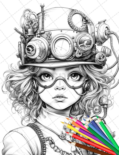 31 Adorable Steampunk Girls Coloring Pages Printable for Adults, Grayscale Coloring Page, PDF File Instant Download