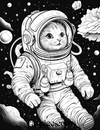 40 Cat Astronaut Grayscale Coloring Pages Printable for Adults Kids, PDF File Instant Download