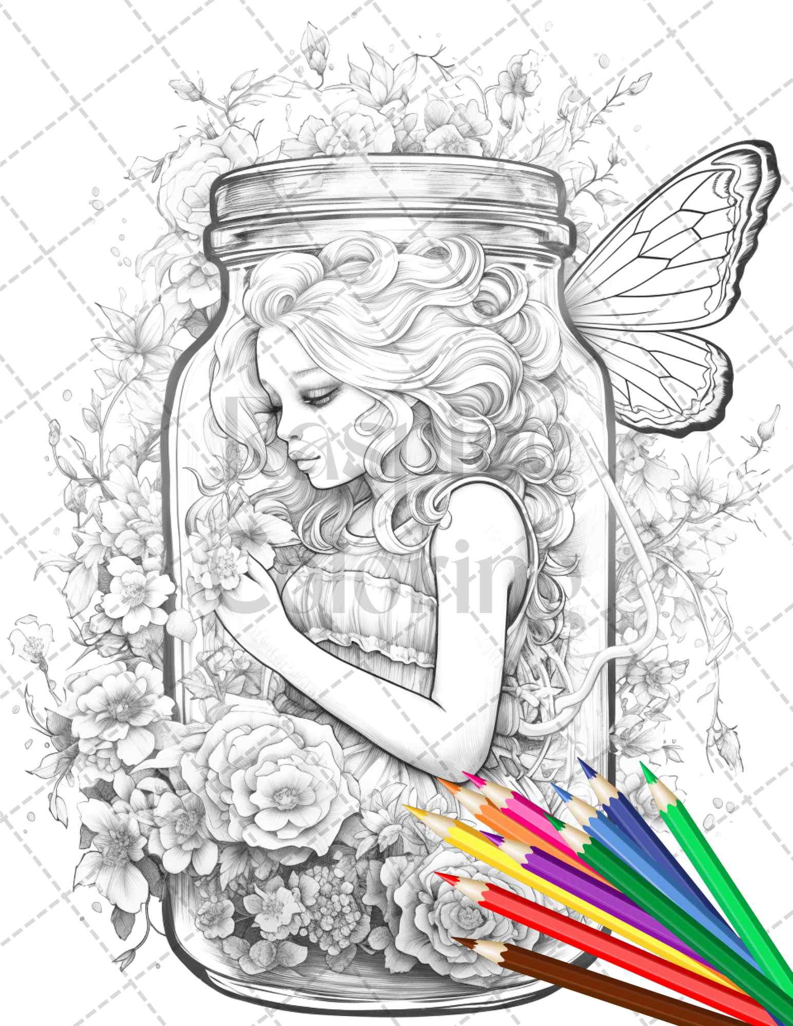 40 Beautiful Fairies in Jar Grayscale Coloring Pages Printable for Adults, PDF File Instant Download