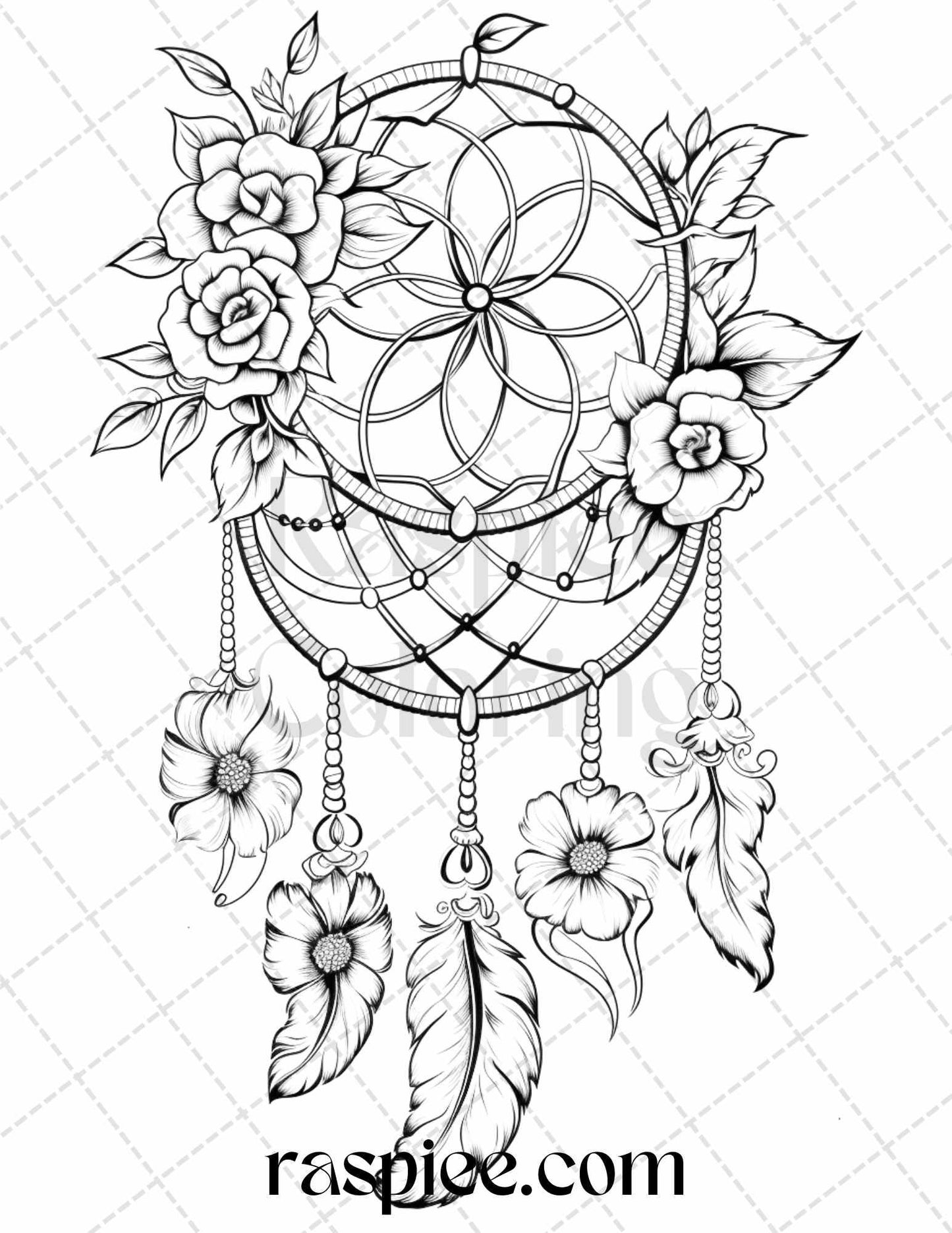 30 Flower Dreamcatcher Grayscale Coloring Pages Printable for Adults, PDF File Instant Download