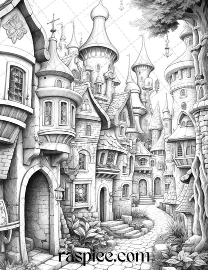 40 Fantasy Village Grayscale Coloring Pages Printable for Adults, PDF File Instant Download