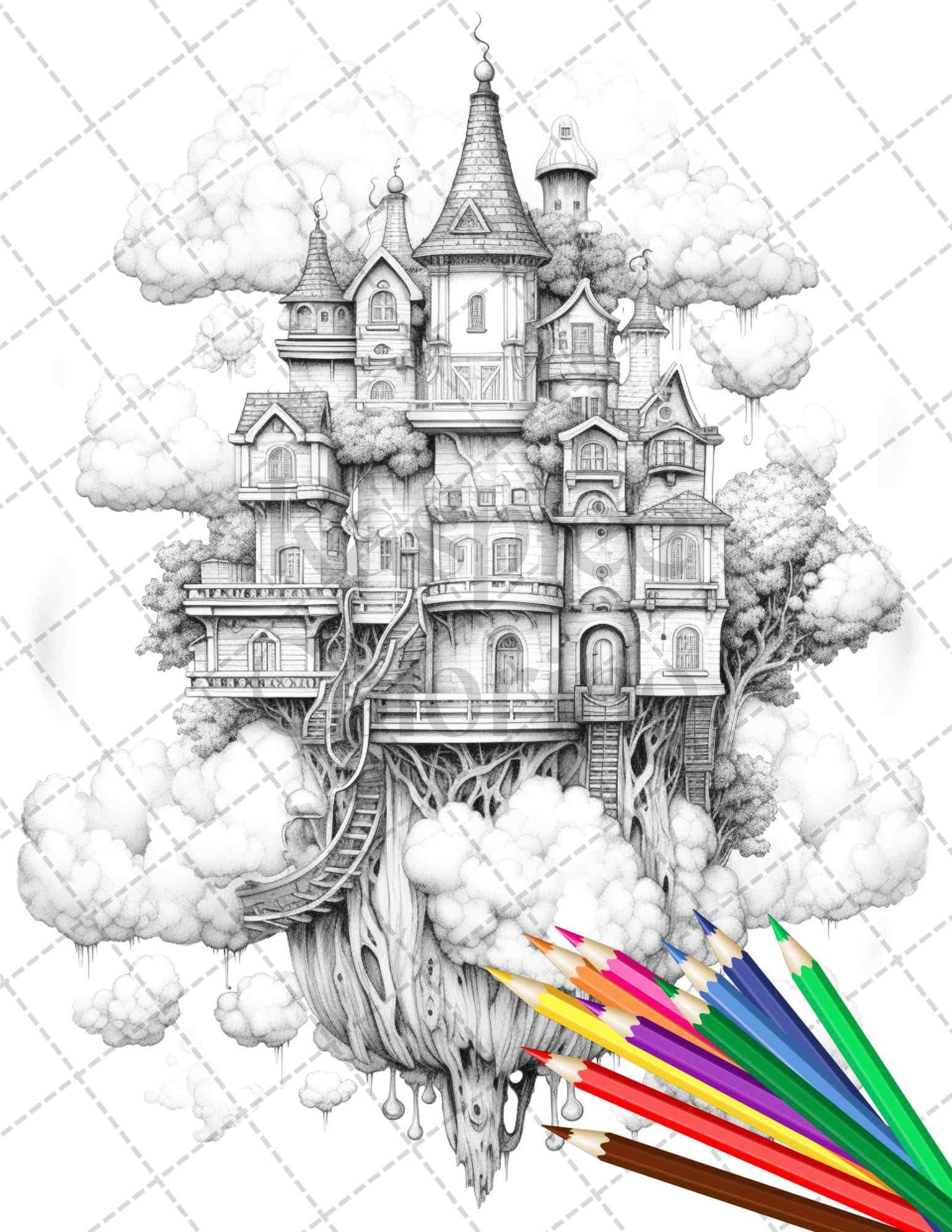 40 Fantasy Sky Houses Grayscale Coloring Pages Printable for Adults, PDF File Instant Download