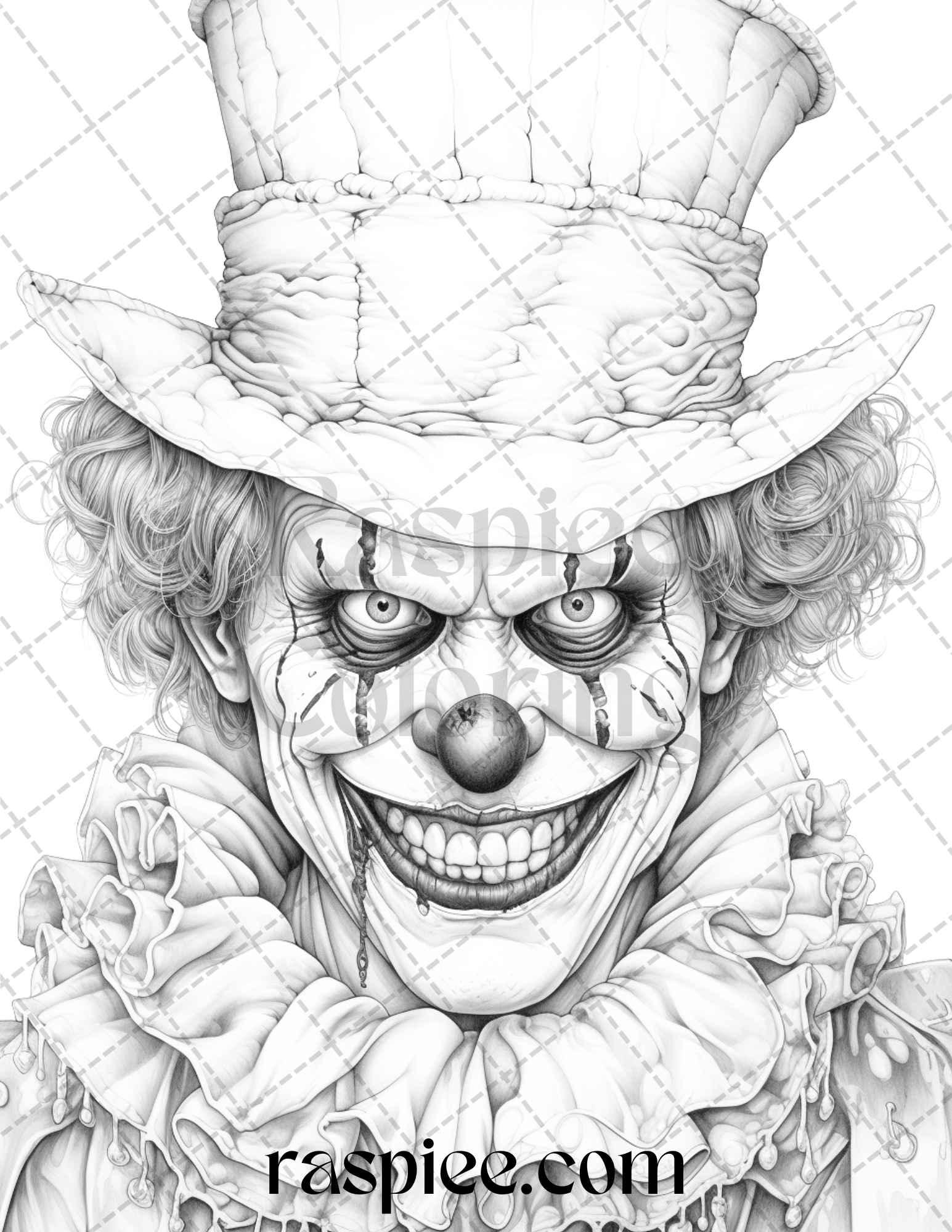 40 Spooky Clowns Grayscale Coloring Pages Printable for Adults, PDF File Instant Download