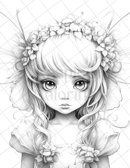 45 Adorable Chibi Fairy Grayscale Coloring Pages Printable for Adults, PDF File Instant Download