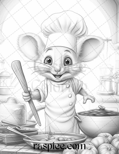 45 Mouse Chef Grayscale Coloring Pages Printable for Adults, PDF File Instant Download