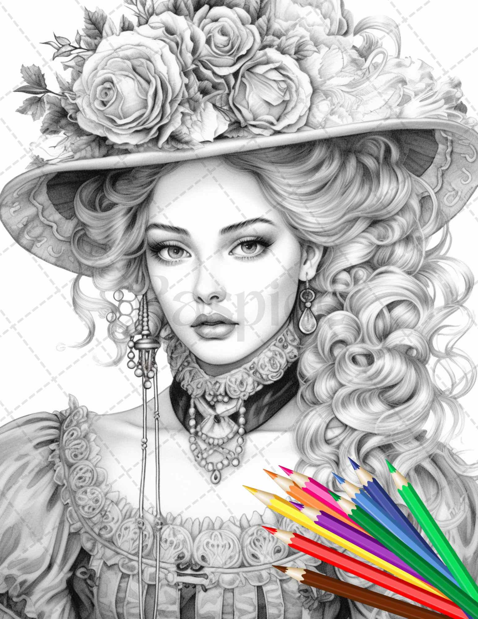 43 Beautiful Victorian Women Grayscale Coloring Pages Printable for Adults, PDF File Instant Download