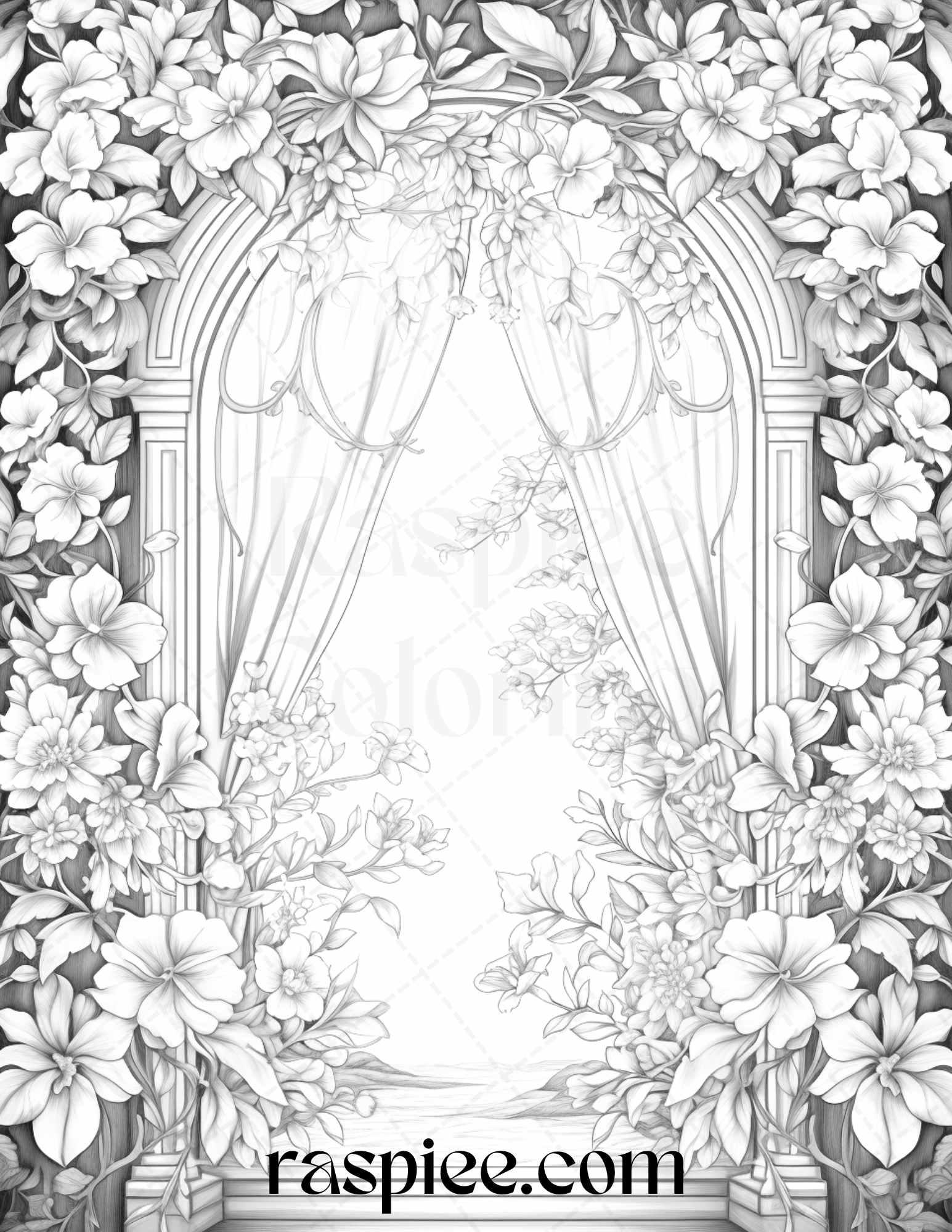 50 Blooming Windows Grayscale Coloring Pages Printable for Adults, PDF File Instant Download