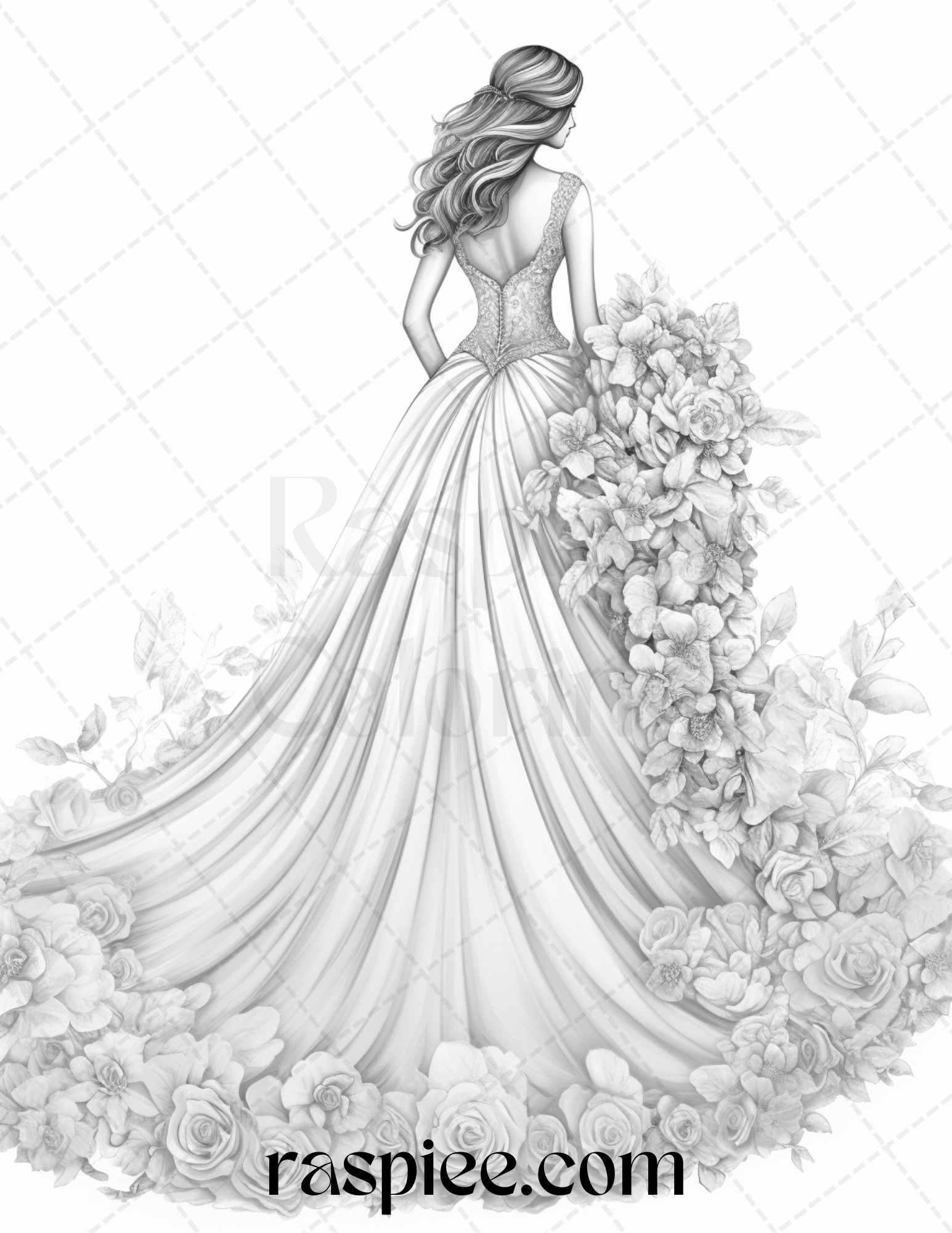 40 Elegant Floral Wedding Dresses Grayscale Coloring Pages Printable for Adults, PDF File Instant Download