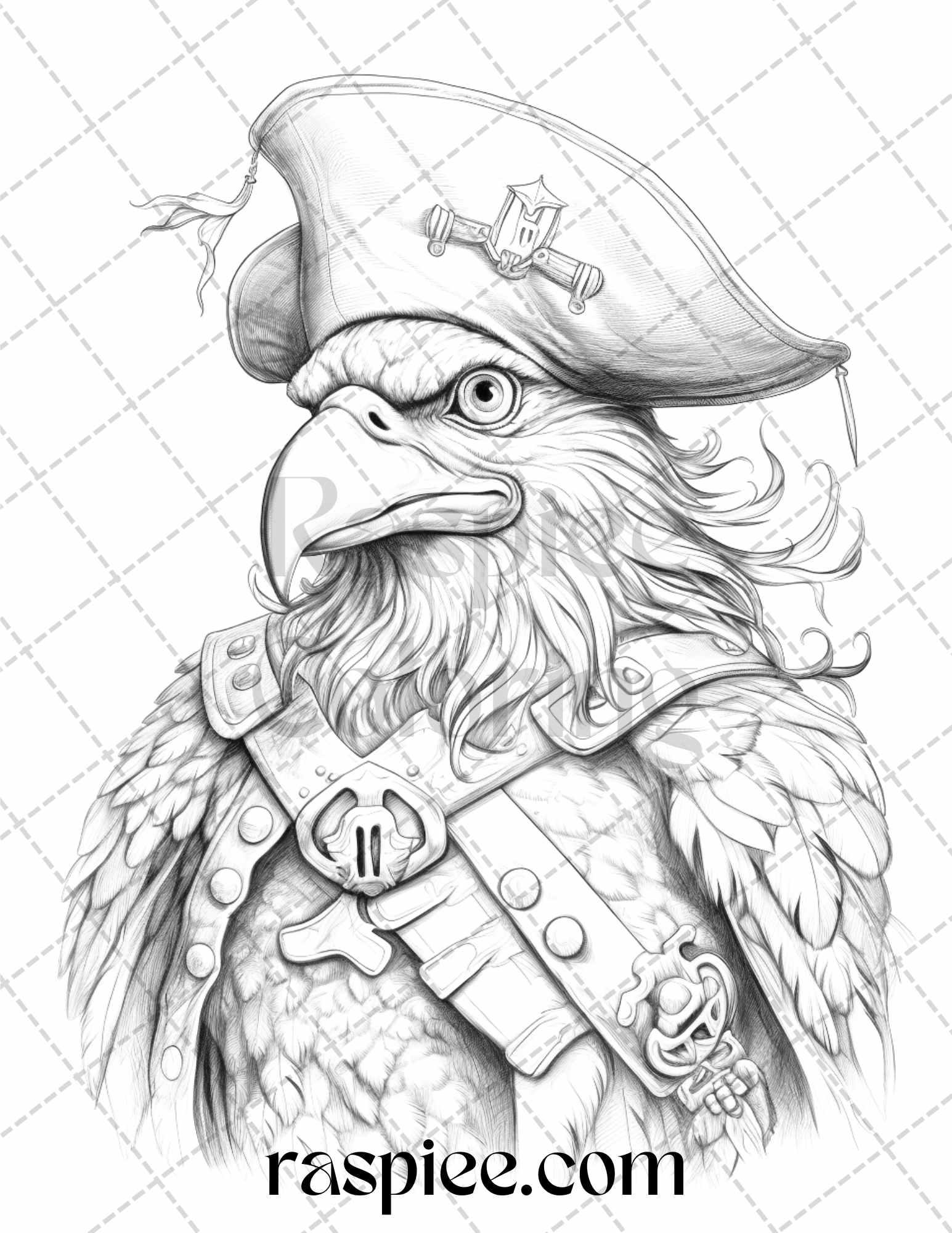 40 Pirate Animals Grayscale Coloring Pages Printable for Adults, PDF File Instant Download