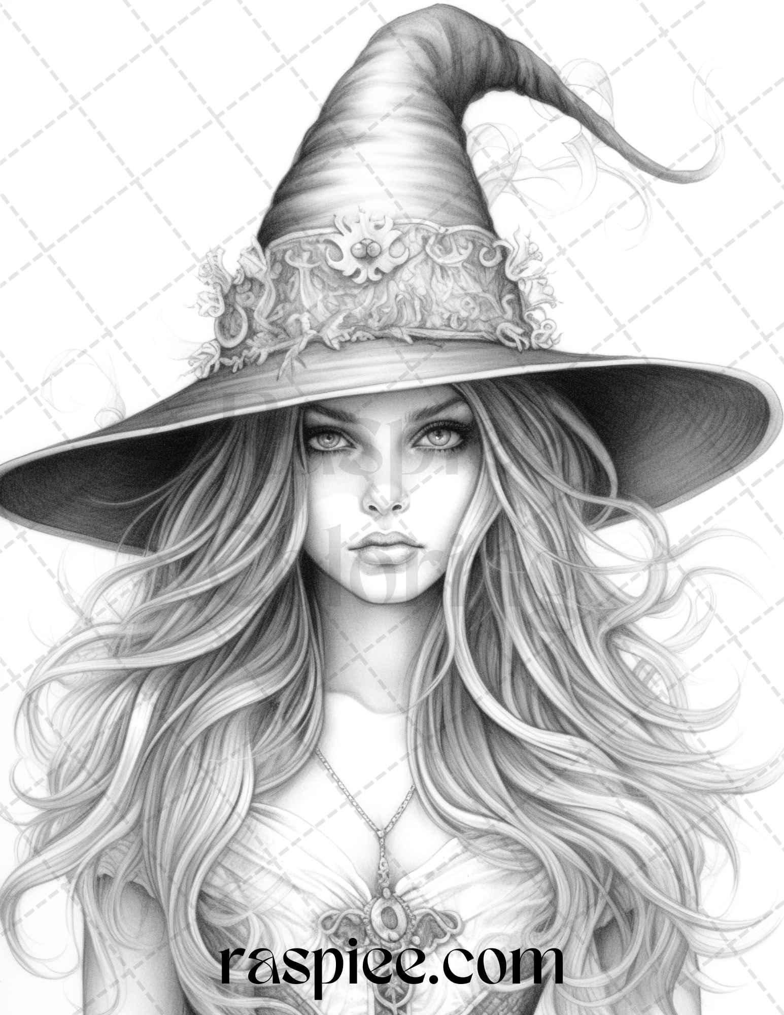 40 Beautiful Witches Grayscale Coloring Pages Printable for Adults, PDF File Instant Download